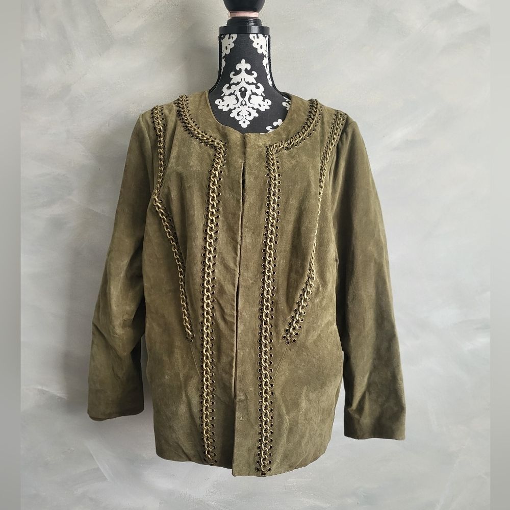 BRADLEY BY BRADLEY BAYOU SOFT SUEDE JACKET CHAIN DETAIL Sz 2X OLIVE GREEN $250 - Picture 10 of 11